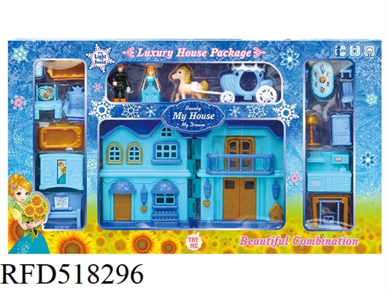 BLUE ICE VILLA WITH LIGHTS/MUSIC + FIGURES FULL SET OF FURNITURE