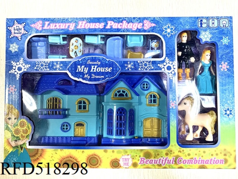 BLUE ICE AND SNOW MINI VILLA + FURNITURE + FIGURE + HORSE WITH LIGHTS AND MUSIC 2 MIXED