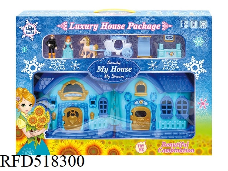 BLUE SNOW & ICE VILLA WITH LIGHTING/MUSIC + FIGURE FURNITURE + CARRIAGE