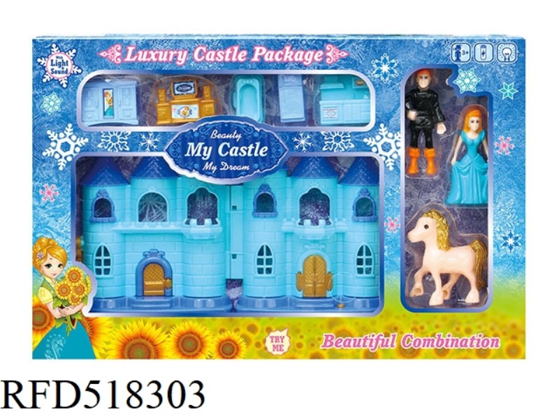 BLUE ICE MINI CASTLE WITH LIGHT/MUSIC + FURNITURE + MAN + HORSE 2 MIXED