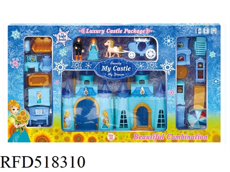 BLUE ICE CASTLE WITH LIGHTS/MUSIC + PEOPLE + FURNITURE + CARRIAGE