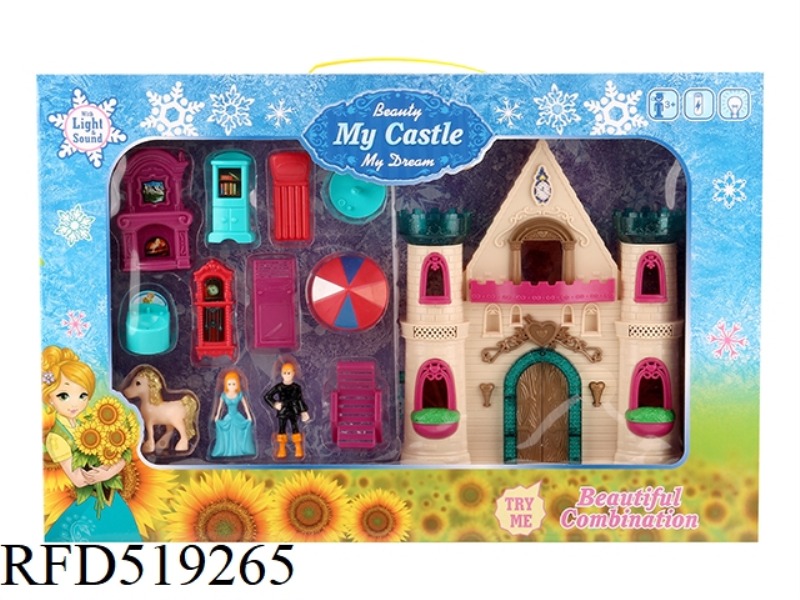 UNILATERAL FLASHING LIGHTS CASTLE WITH 12 PIECES OF MUSIC (2 MIXED)+ FURNITURE/PRINCESS/PRINCE/HORSE