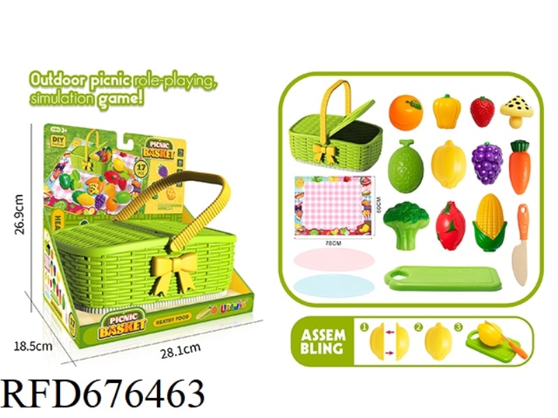 THE PICNIC BASKET IS FULL OF FUN FRUITS AND VEGETABLES