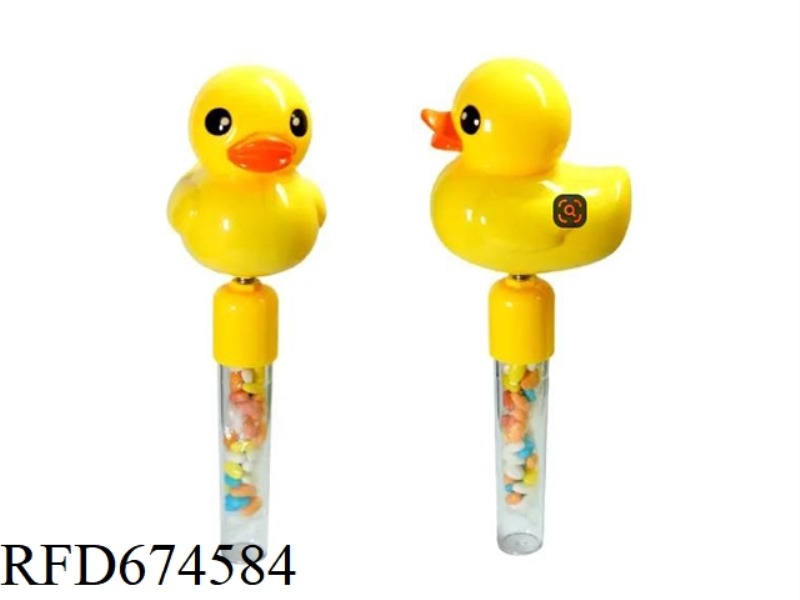 A BIG YELLOW DUCK WITH SUGAR-FILLED SHAKING WHISTLES