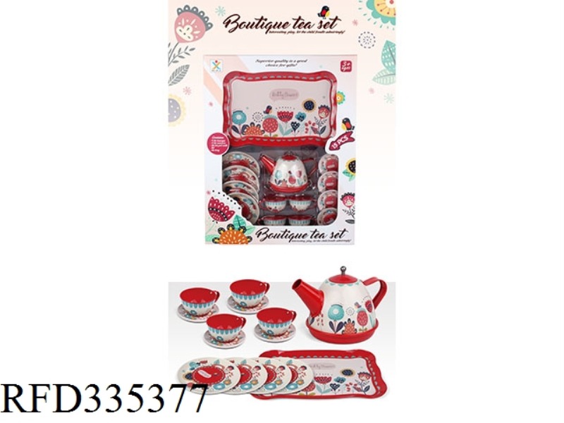 PLAY HOUSE TINPLATE RED CLASSIC FLOWER TEA SET