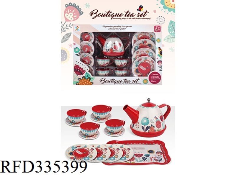 PLAY HOUSE TINPLATE RED CLASSIC FLOWER TEA SET