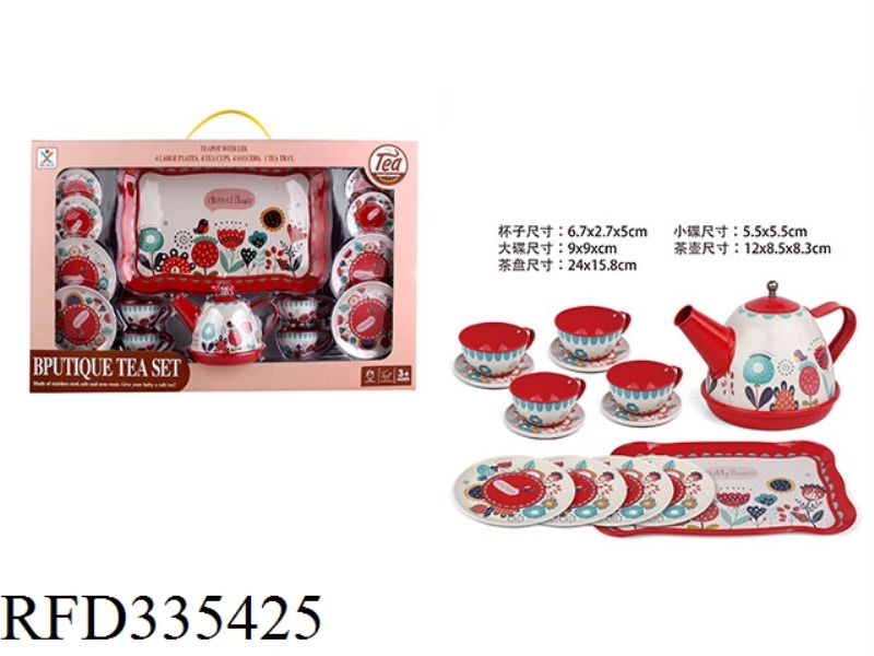 PLAY HOUSE TINPLATE RED CLASSIC FLOWER TEA SET