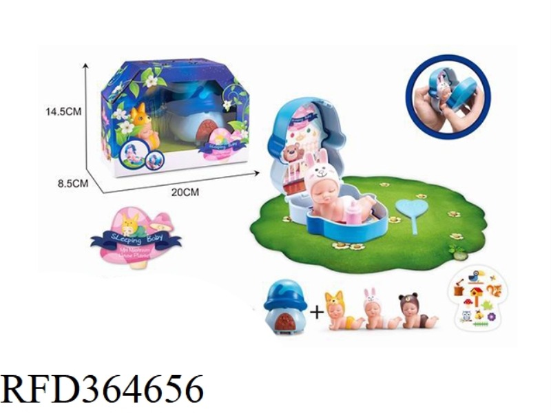 MINI BLUE MUSHROOM STORAGE HOUSE AND SLEEPING BABY (RECUMBENT)