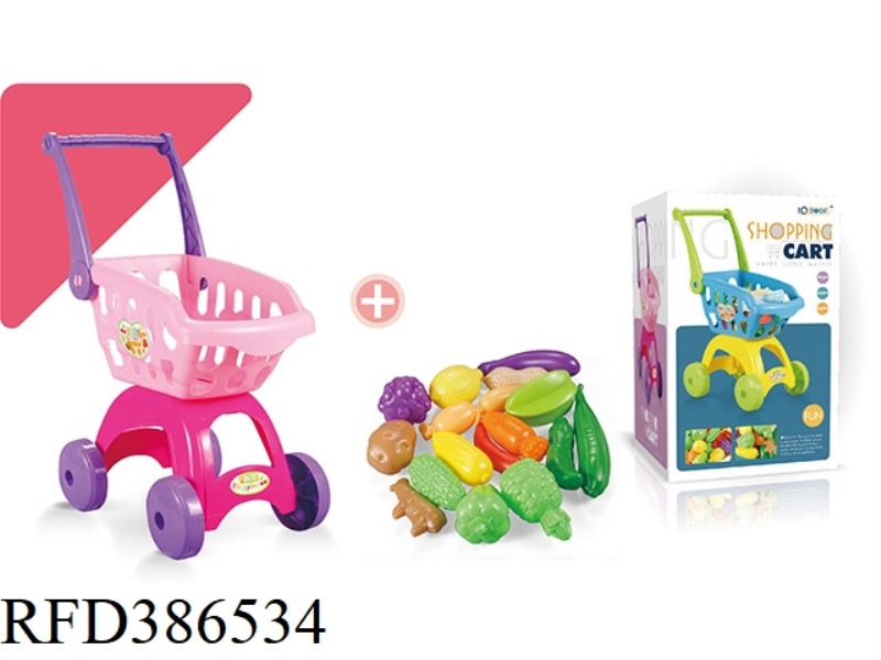 PINK SHOPPING CART + 17-PIECE SET OF UNCUT FRUITS