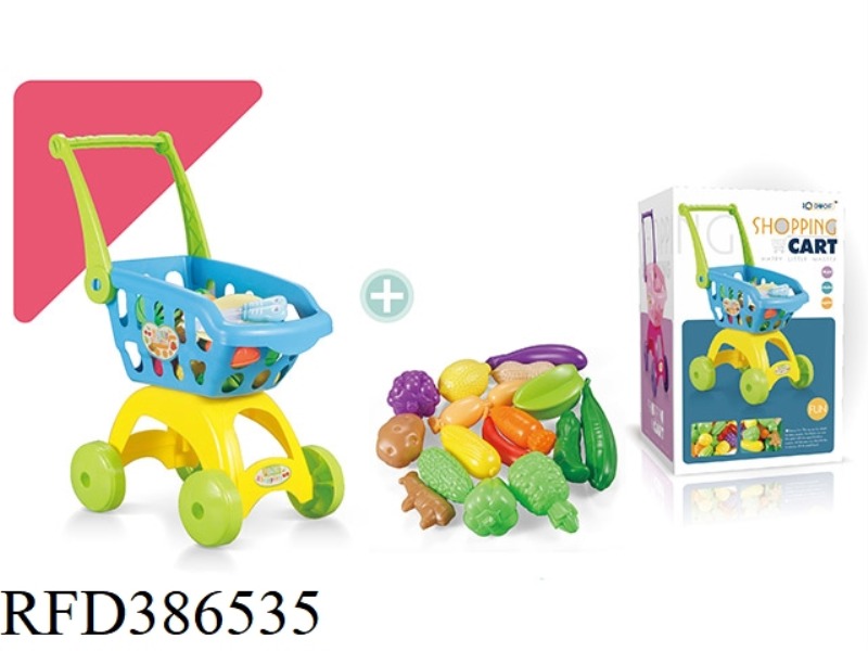 BLUE SHOPPING CART + 17-PIECE SET OF UNCUT FRUITS
