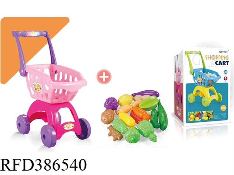 SOUND AND LIGHT PINK SHOPPING CART + 17-PIECE SET OF UNCUT FRUITS