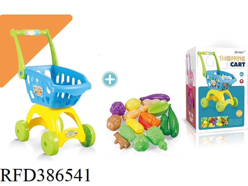 SOUND AND LIGHT BLUE SHOPPING CART + 17-PIECE SET OF UNCUT FRUITS