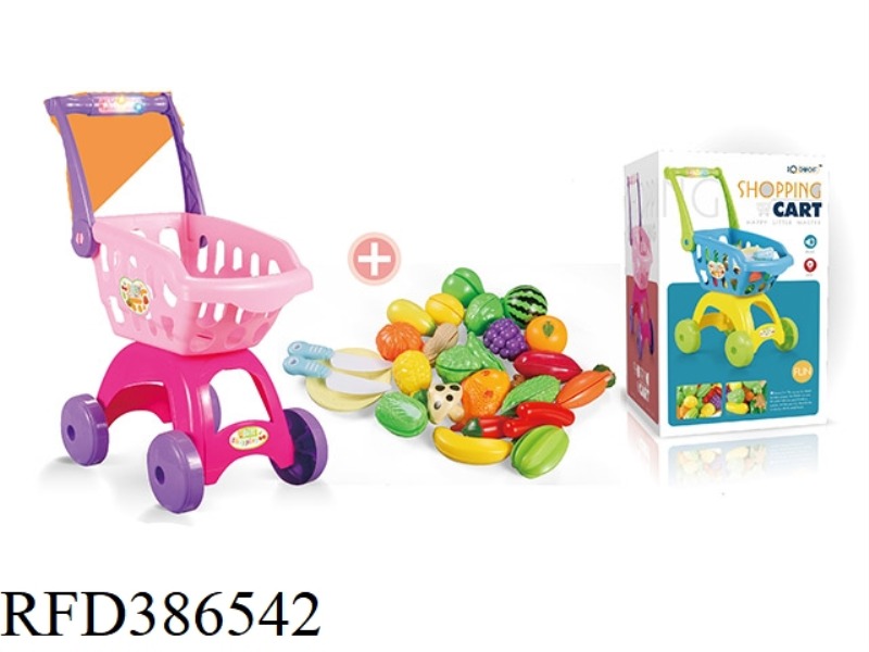 SOUND AND LIGHT PINK SHOPPING CART + 29-PIECE CUTABLE FRUIT SET
