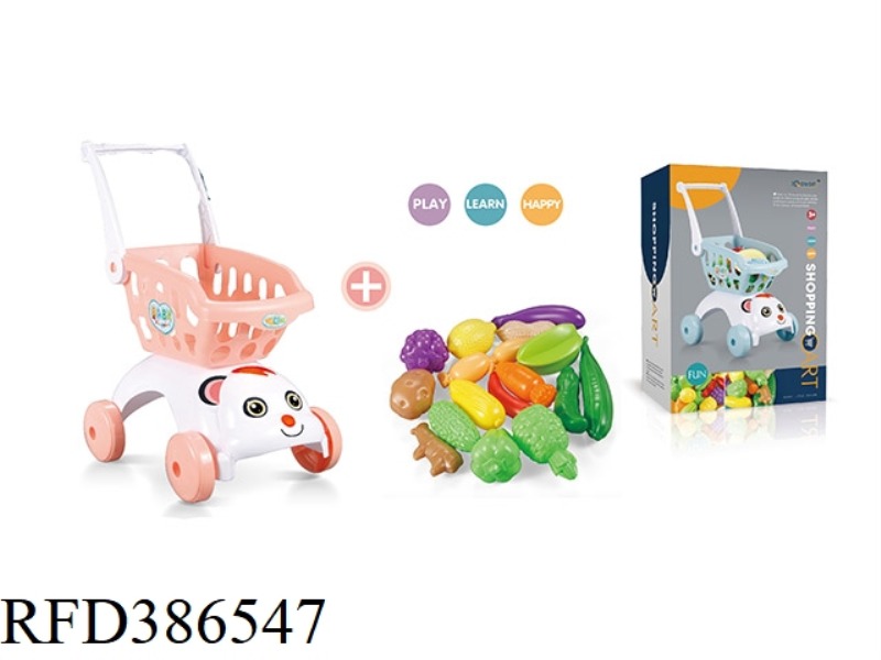 ORANGE DOG HEAD SHOPPING CART + 17-PIECE SET OF UNCUT FRUITS