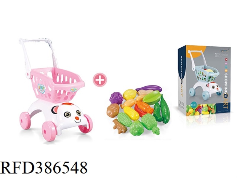 PINK DOG HEAD SHOPPING CART + 17-PIECE SET OF UNCUT FRUITS