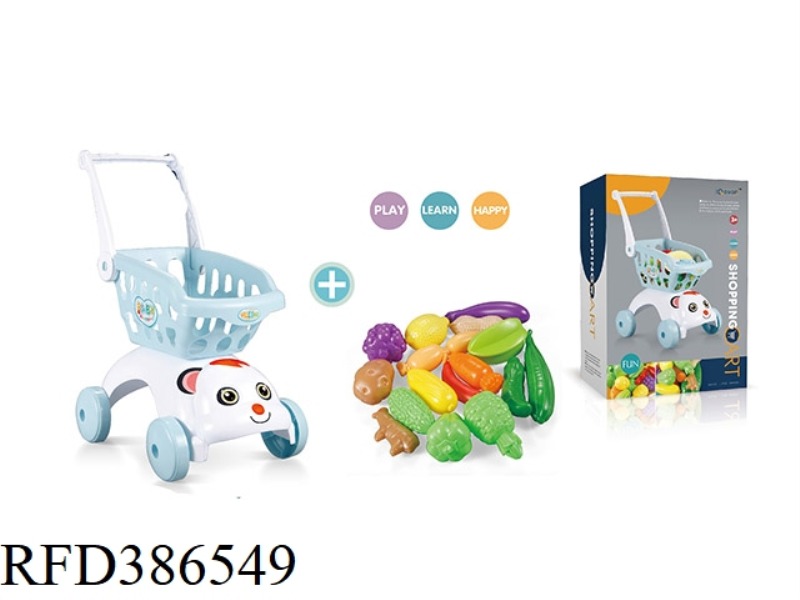 BLUE DOG HEAD SHOPPING CART + 17-PIECE SET OF UNCUT FRUITS