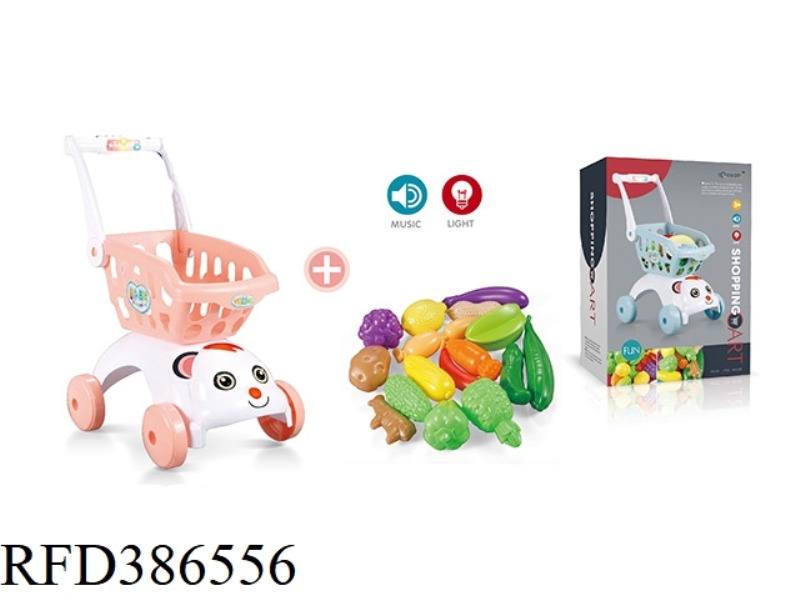 SOUND AND LIGHT ORANGE DOG HEAD SHOPPING CART + 17-PIECE SET OF UNCUT FRUITS