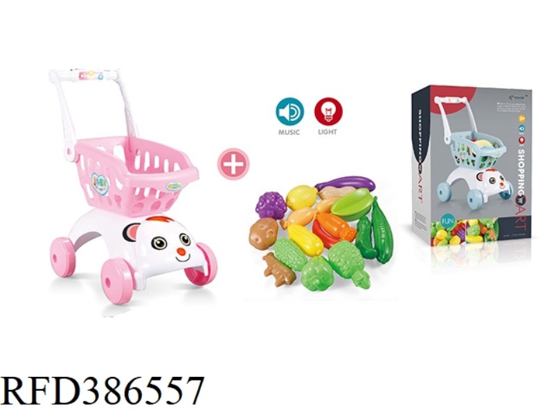 SOUND AND LIGHT PINK DOG HEAD SHOPPING CART + 17-PIECE SET OF UNCUT FRUITS