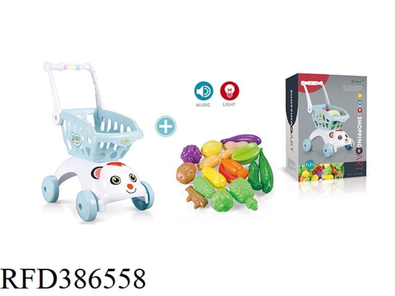 SOUND AND LIGHT BLUE DOG HEAD SHOPPING CART + 17-PIECE SET OF UNCUT FRUITS