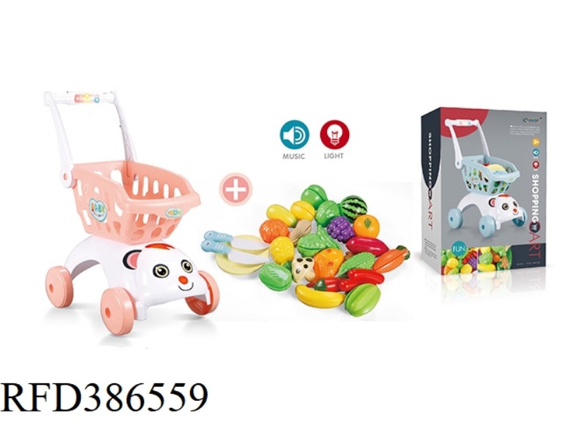 SOUND AND LIGHT ORANGE DOG HEAD SHOPPING CART + 29-PIECE CUT FRUIT SET