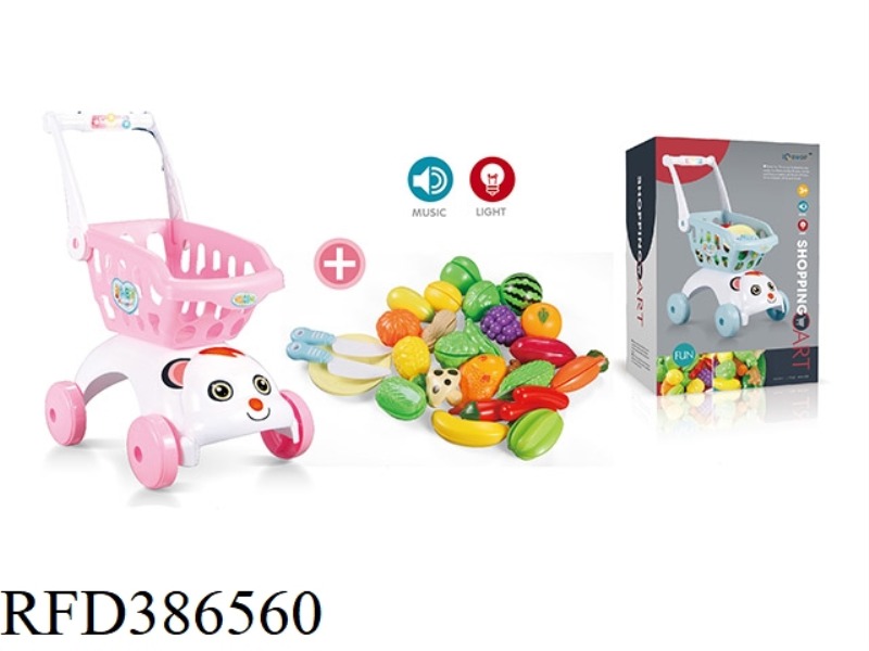 SOUND AND LIGHT PINK DOG HEAD SHOPPING CART + 29-PIECE CUT FRUIT SET