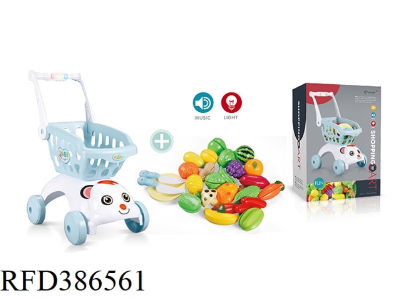 SOUND AND LIGHT BLUE DOG HEAD SHOPPING CART + 29-PIECE CUTABLE FRUIT SET