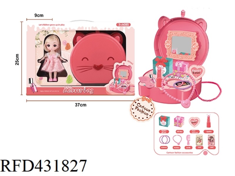 CUTE CAT COSMETIC STORAGE SHOULDER BAG WITH A 6-INCH BARBIE