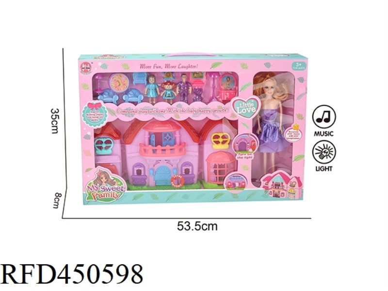 LIGHTING AND MUSIC VILLA + FURNITURE + FAMILY OF FOUR + 11-INCH BARBIE
