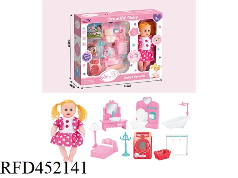 PLAY HOUSE DOLL WITH WASHING MACHINE, DRESSER