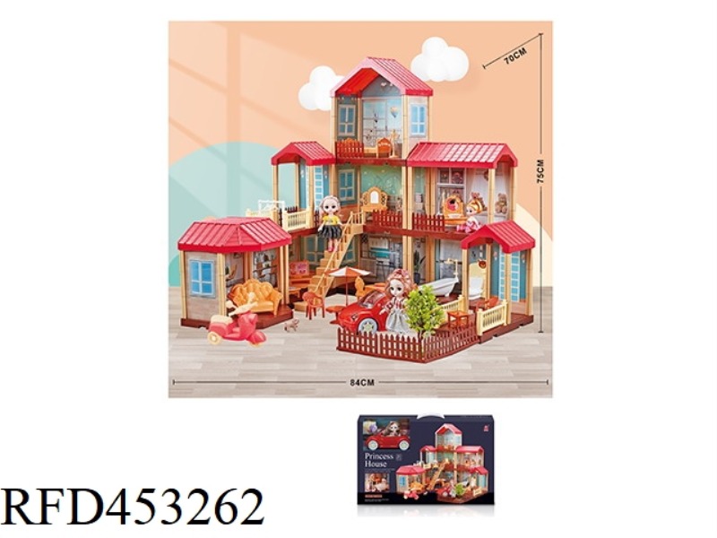 SELF-INSTALLED VILLA + 2 6-INCH BARBIES + 1 4-INCH BARBIE + SCOOTER + CAR
