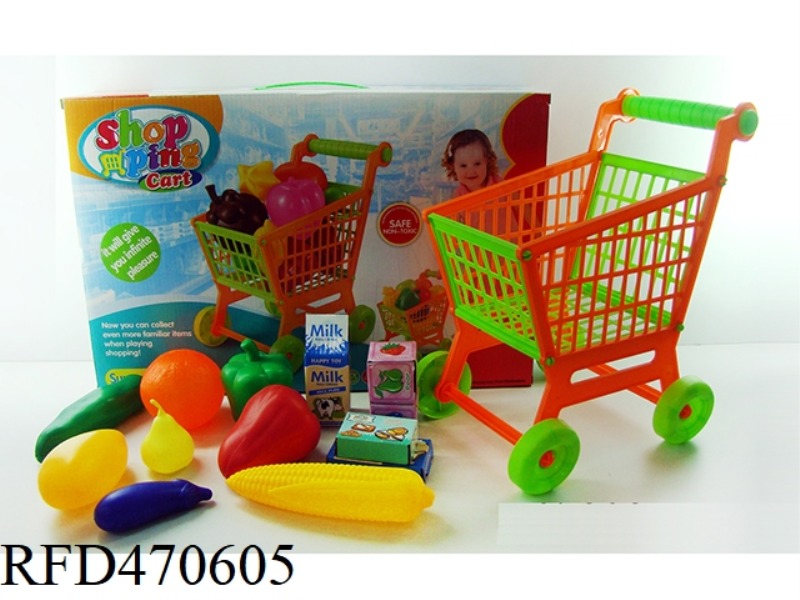 SHOPPING CART WITH FRUITS AND VEGETABLES + 5 SMALL BOXES 13PCS