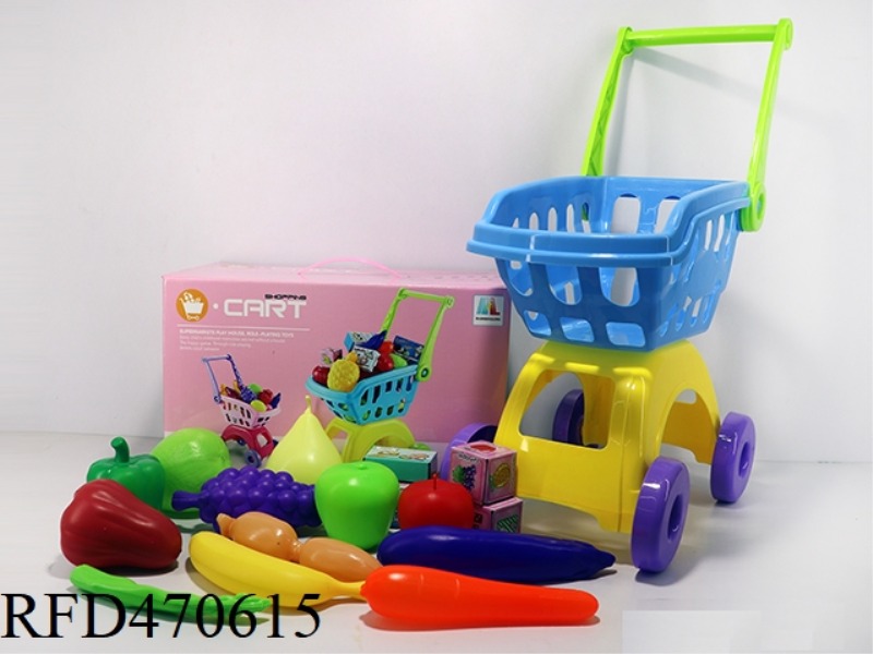 SHOPPING CART WITH FRUITS AND VEGETABLES + 5 SMALL BOXES 17PCS (TWO COLORS MIXED)