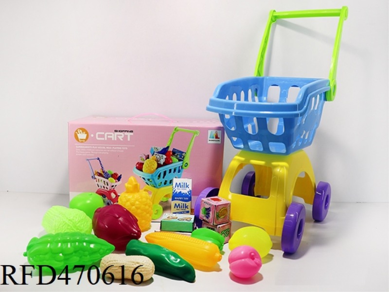 SHOPPING CART WITH FRUITS AND VEGETABLES + 5 SMALL BOXES 16PCS (TWO COLORS MIXED)