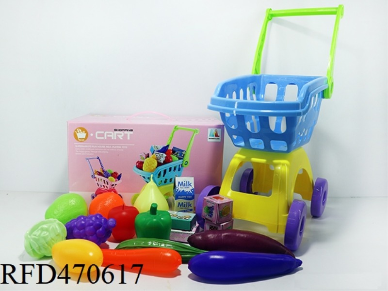 SHOPPING CART WITH FRUITS AND VEGETABLES + 5 SMALL BOXES 17PCS (TWO COLORS MIXED)