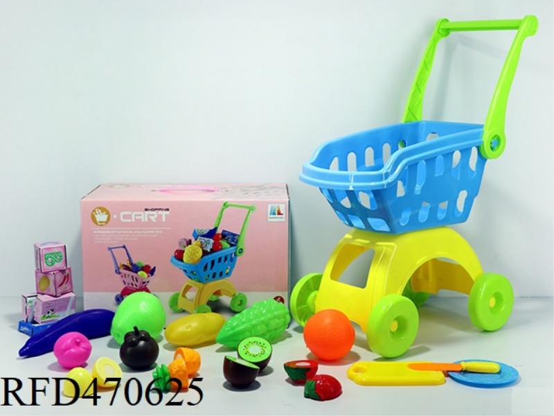 SHOPPING CART WITH FRUITS AND VEGETABLES + 5 SMALL BOXES 19PCS (TWO COLORS MIXED)