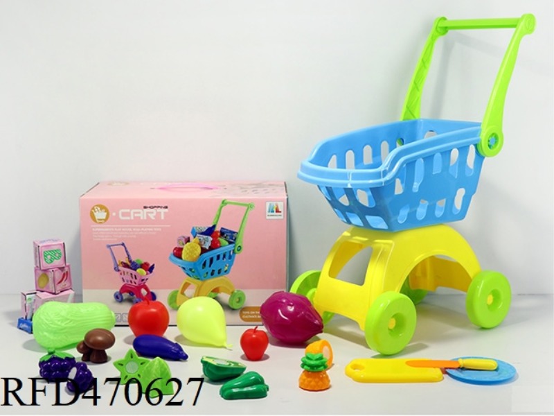 SHOPPING CART WITH FRUITS AND VEGETABLES + 5 SMALL BOXES 19PCS (TWO COLORS MIXED)