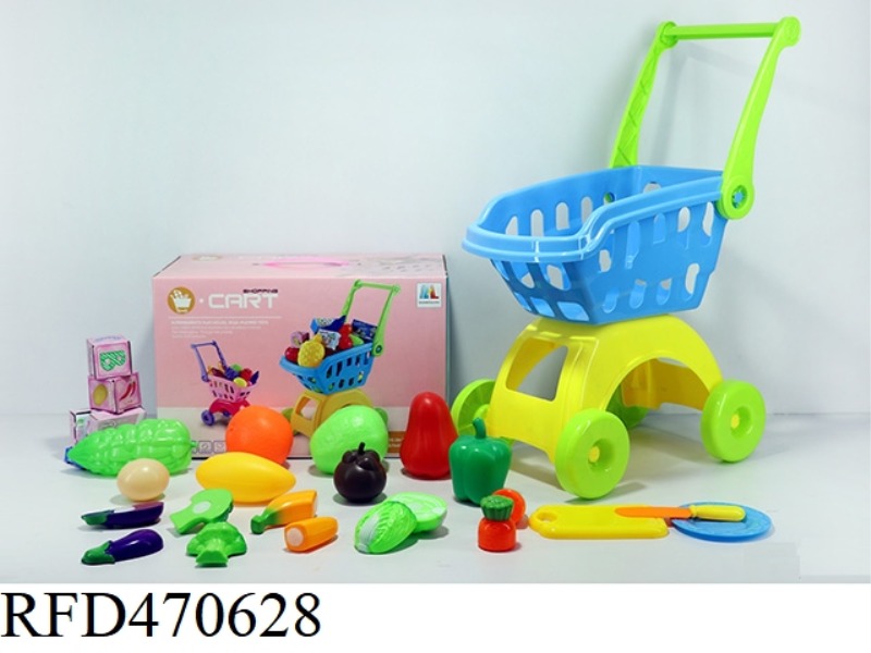 SHOPPING CART WITH FRUITS AND VEGETABLES + 5 SMALL BOXES 21PCS (TWO COLORS MIXED)