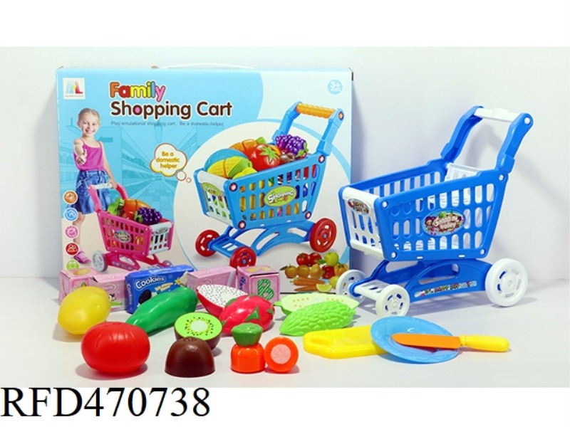 SHOPPING CART WITH FRUITS AND VEGETABLES + 5 SMALL BOXES 15PCS (TWO COLORS MIXED)