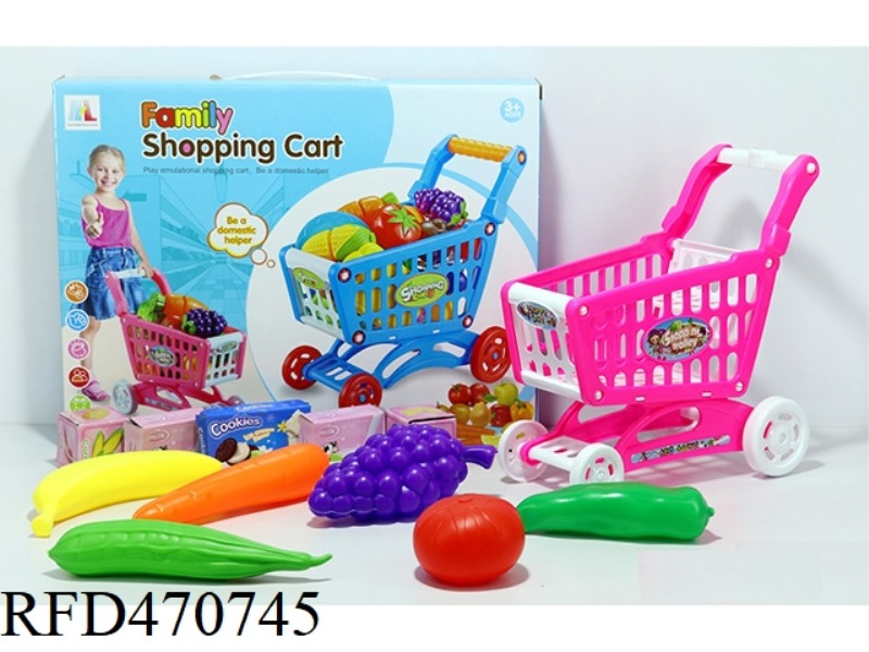 SHOPPING CART WITH FRUITS AND VEGETABLES + 5 SMALL BOXES 11PCS (TWO COLORS MIXED)