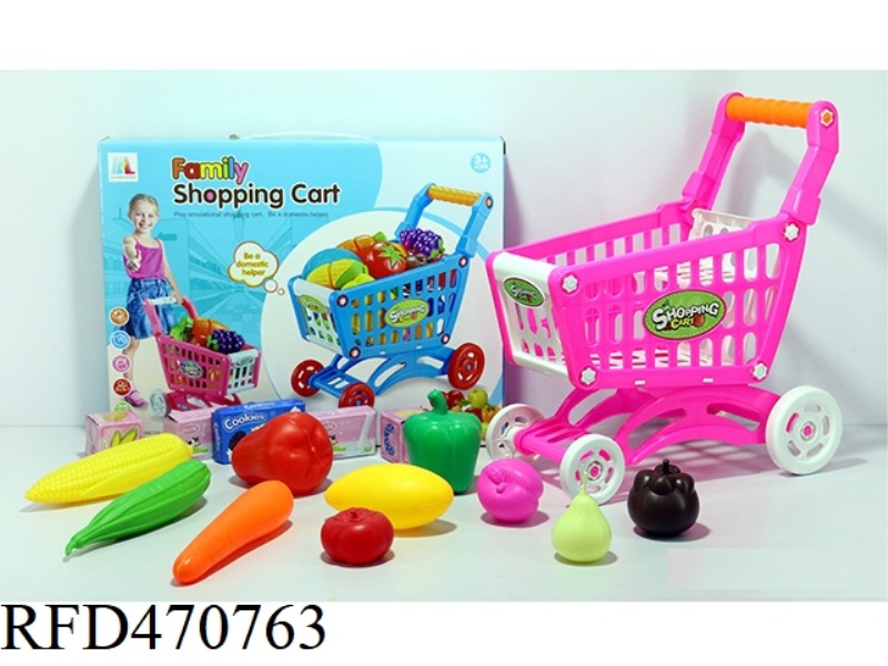 SHOPPING CART WITH FRUITS AND VEGETABLES + 5 SMALL BOXES 15PCS (TWO COLORS MIXED)