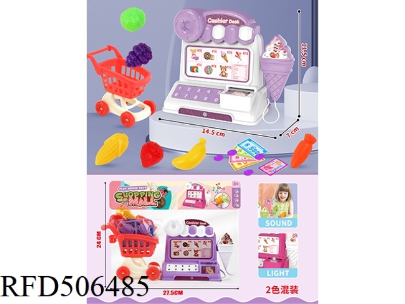 LIGHT AND MUSIC CASH REGISTER WITH SHOPPING CART +6 PIECE FRUIT 2 COLOR MIXED PACK