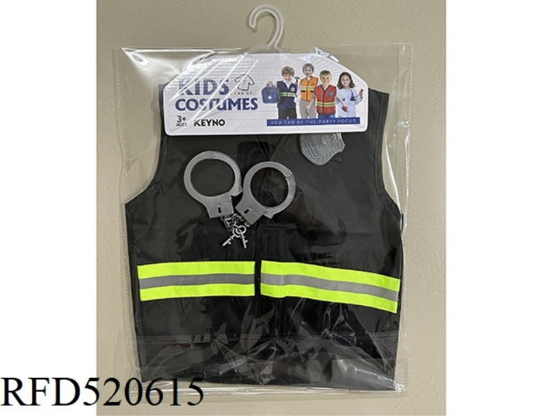 BLACK POLICE VEST WITH BADGE AND HANDCUFFS