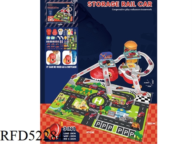 PLAY HOUSE DINOSAUR STORAGE ALLOY FIRE TRUCK PARKING LOT (WITH 6 ALLOY CARS)