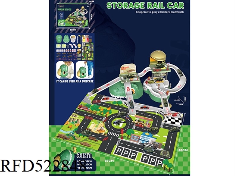 PLAY HOUSE DINOSAUR STORAGE ALLOY MILITARY CAR PARKING LOT (WITH 6 ALLOY CARS)