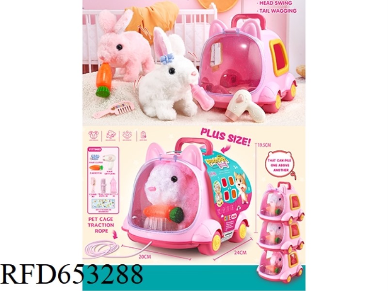 ELECTRIC STUFFED SMALL RABBIT + CAGE + BABY BOTTLE + HAIRPIN + COMB + RADISH + HAIRDRYER + A STICKER