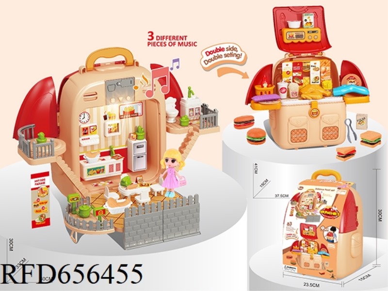 PLAY HOUSE 4 IN 1 TRANSFORM FAST FOOD SCENE BACKPACK WITH LIGHT MUSIC (84PCS)