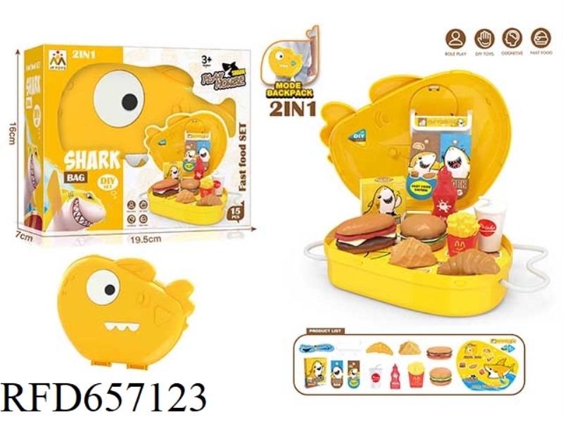 CHILDREN SIMULATION SHARK SHAPE HAMBURGER COKE CUTLERY SMALL BACKPACK 15PCS